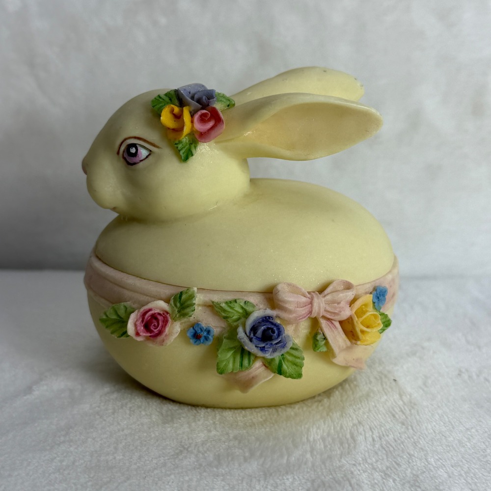Easter Bunny Floral Resin Trinket Box Jewelry Keepsake Case Pink Yellow Flowers
